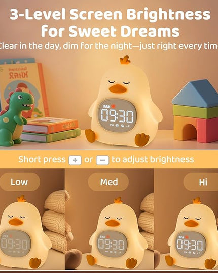 Sleepy Duck Alarm Clock with Night Light for Kids with Sleep Training and Sound Machine, Rechargeable Silicone Lamp OK to Wake Clock，Cute Animal Tabletop Lamp, Perfect Sleep Companion for Boys Girls