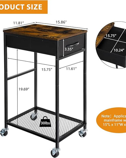 YBING Computer Tower Stand PC Tower Stand with Storage Drawer Mobile CPU Holder Stand with Caster Wheels 2 Tier Rolling Computer Tower Cart for Home Office Fax, Rustic Brown