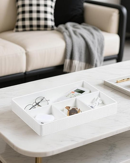 NICLNGSH PU Leather Valet Tray, Decorative Trinket Vanity Desk Drawer Organizer Tray, Perfume Dish Catch All Bowl for Keys, Nightstand Drawer Organizer Women Men with 4 Compartments (Cream-White)