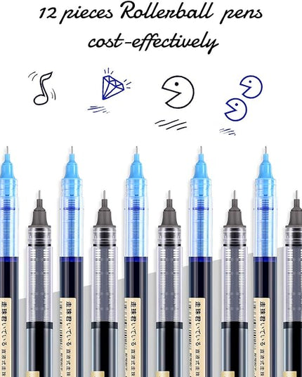 Frienda 12 Pieces Rolling Ball Pens 0.5 mm Japanese Quick Drying Fine Point Pens Liquid Ink Smooth Writing for Office Student Back to School Supplies(Black and Blue)