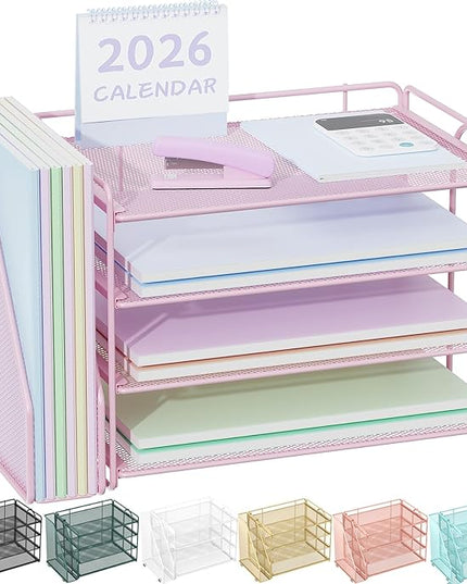 Spacrea Desk Organizers and Accessories, Paper Organizer for Desk with File organizer, Desk Accessories & Workspace Organizers for Office Supplies (Pink)