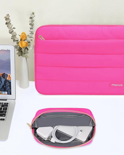 MOSISO 13.3 inch Laptop Case, 13-13.3 inch Puffy Laptop Sleeve Compatible with MacBook Air 13 13.6 M4 M3 M2 M1/Pro 13/Pro 14, HP Dell ASUS Lenovo,Polyester Horizontal Bag with Small Case, Rose Red