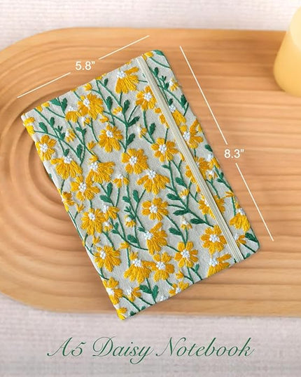 Daisy Gift, Flower Journal, Embroidered Notebook, Beautiful Journals for Women, 8"x6", Hardcover, Lay Flat, A5, Lined Paper, Wide Ruled Page, Writing Journal, Yellow Daisy, with Elastic Band