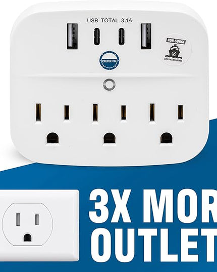 Cruise Approved Power Strip Foldable, Non Surge Protector Travel Power Strip, 2 USB-C, 2 USB, 3 AC Outlet Plugs - Cruise Essentials for Carnival, Celebrity, Princess & Major Lines in 2026 & 2027