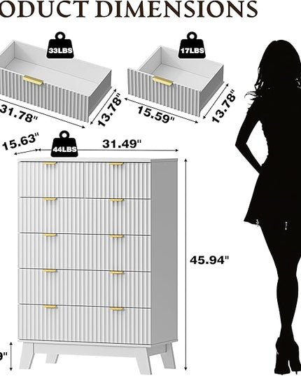 BORNOON 46" Tall Dresser for Bedroom, 6-Drawer Fluted Chest of Drawers, Modern Wood Highboy with Deep Storage, Metal Slides and Handles, Anti-Tip Kit, Vertical Clothes Organizer for Apartment, Nursery