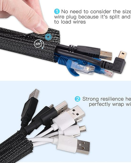 AGPTEK Cable Sleeve Cover, 25ft - 4/5 inch Desk Cord Organizer Cable Hider, Home Office Wire Management Computer TV Wire Loom Tubing, Pet Proof Cord Protector, from Cat Dog Chewing, Black