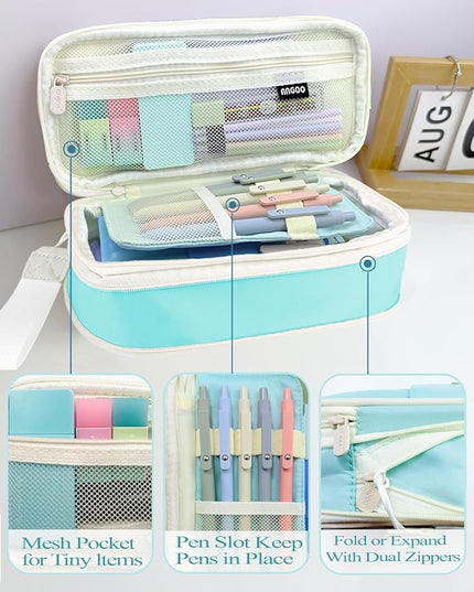 54pcs Aesthetic School Supplies Cute Stationary Set with Pencil Case 12 Highlighters, 5 Black & 6 Color Ink Gel Pens, 6-in-1 Ballpoint Pen,5 Mechanical Pencils 0.5-2.0mm for College Essentials (Blue)