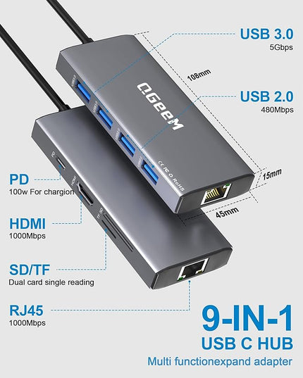 QGeeM USB C Hub Ethernet,9 in 1 USB Type C Hub HDMI Multi-Port Converter Adapter,100W Pd, USB 3.0,SD/TF Card Reader,Compatible for MacBook Pro Air Ipad HP Dell Lenovo Chromebook etc.-Gray