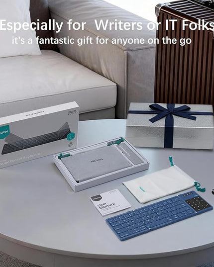 Nillkin Upgraded Foldable Bluetooth Keyboard with Touchpad & Number Pad, Portable Wireless Keyboard for Travel, Pocket-Sized, Full Size Keys, Support 3 Devices for iPad Laptop Tablets Phone, Blue