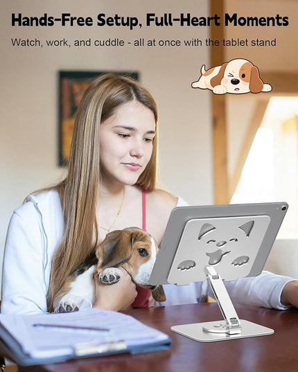 Aoviho Adjustable Tablet Stand for iPad - 360° Rotating Aluminum Desk Holder, Foldable Stable Stand for iPad Pro 12.9/11, Samsung Galaxy Tab, Home Office & Travel, Silver