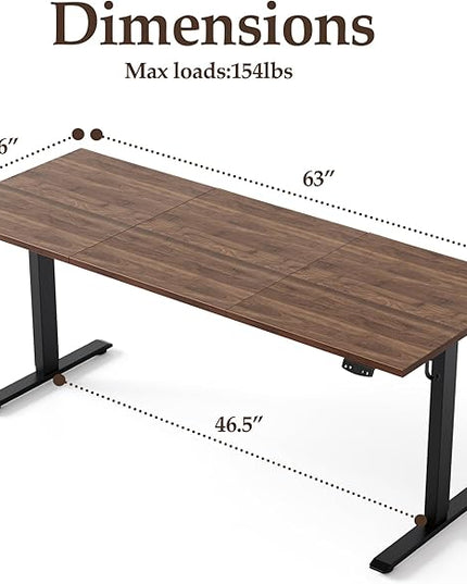 Klicelor 63 Inch Large Electric Standing Desk, Height Adjustable Office Desk, Sit Stand Up Computer Gaming Desk with Memory Preset, Three-Piece Desktop, Dark Walnut