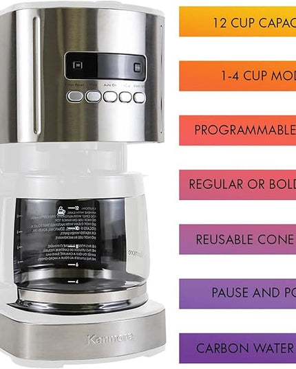 Kenmore drip Coffee Maker - 12 Cup programmable cafe machine with glass pot, regular & bold brew, auto shut off large water reservoir, reusable filter, kitchen appliances for cafeteria barista, White