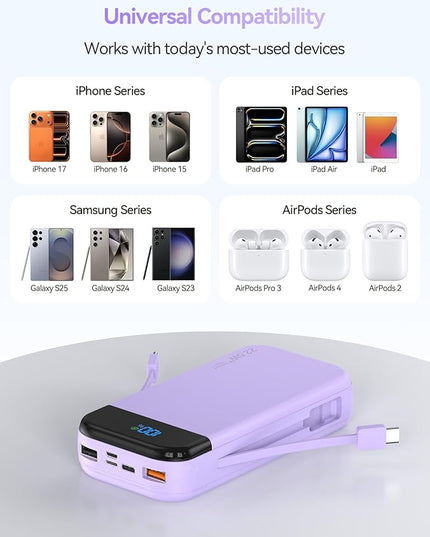 Portable Charger Power Bank Built-in Cables, 32000mAh 22.5W USB C Fast Charging, 5 Outputs 3 Inputs Travel Essentials Battery Pack Compatible with iPhone, iPad, Samsung, Google Pixel, Purple