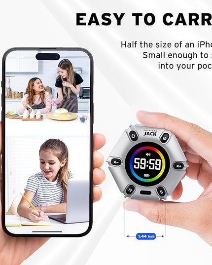 Jack Pomodoro Timer - Productivity Cube & Visual Focus Timer, Mute & Vibration & Adjustable Sound Alert, for Office, ADHD, Study & Work, 3/5/10/25/30/60min & Custom Countdown - Silver