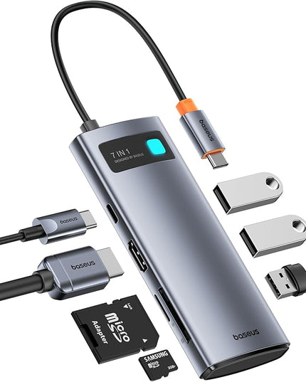 Baseus USB C to HDMI Adapter, 4K@60Hz USB C Docking Station, 7 in 1 USB C Hub with 3 USB-A, PD 100W, TF/SD Card Reader, Compatible for iPhone 15/Mac/Dell/Acer/HP/ASUS/Steam Deck/Rog Ally