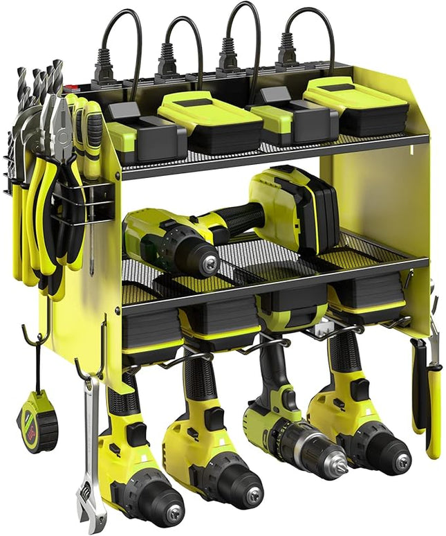 CCCEI Modular Power Tool Organizer Wall Mount with Charging Station. Garage Drill Storage Shelf with Hooks, Heavy Duty Rack, Tool Battery Holder Built in 8 Outlet. Gift for Men. Green, 1 Pack.