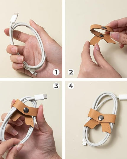 SenseAGE 5 Pack Cord Organizer, Bow Cord Keeper, Cable Organizer USB holder, Leather Cable Management, Cable Straps, Earphone winder, Storage Straps for Electronics, Earbuds (Choco Brown, Small)
