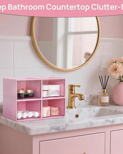 Vtopmart 4Pack Small Stackable Storage Drawers, Bathroom Makeup Organizer,Plastic Storage Bins For Vanity, Undersink, Kitchen Cabinet, Pantry, Home Organization(Pink)