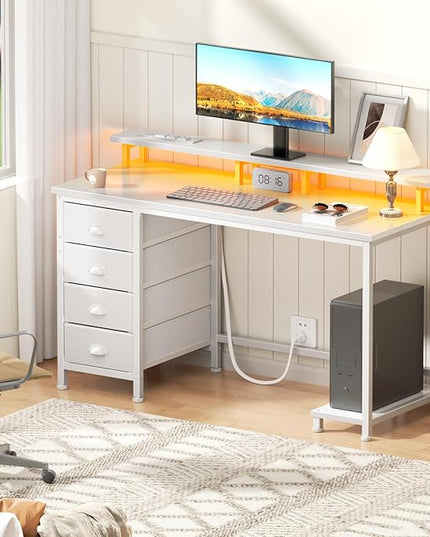 Furologee 47" White Computer Desk with 4 Fabric Drawers & Monitor Stand, Gaming Desk with Power Outlets - LED Lights, Home Office Space-Saving Study Table for Bedroom Small Spaces