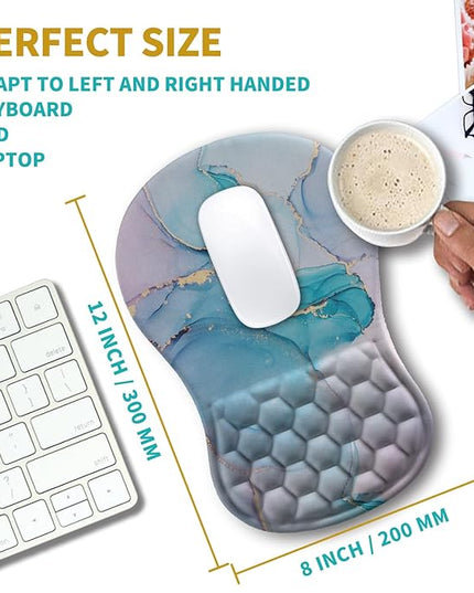 Hokafenle Ergonomic Mouse Pad Wrist Support, Wrist Rest Mousepad for Carpal Tunnel Pain Relief with Integrated Memory Foam Slope Massage Bulge (11.8x7.9 inch,Blue Marble