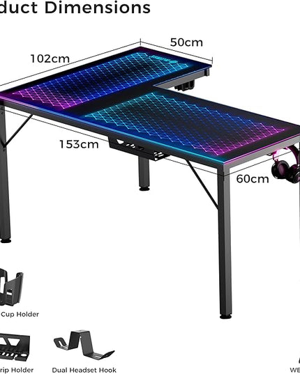 EUREKA ERGONOMIC RGB LED Lights 60 Inch L Shaped Reversible Black Glass Gaming Desk Home Office Computer Table GTG L60