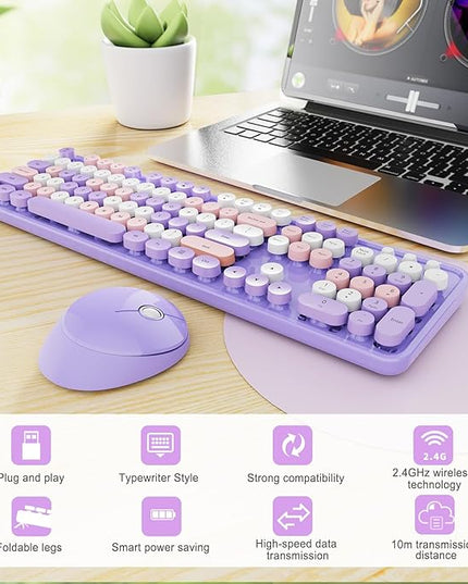 Wireless Keyboard and Mouse Combo, Ergonomic Full Size Typewriter Retro Round Keycaps Keyboard, Compatible with Windows, PC, Perfer for Home and Office Keyboards (Purple