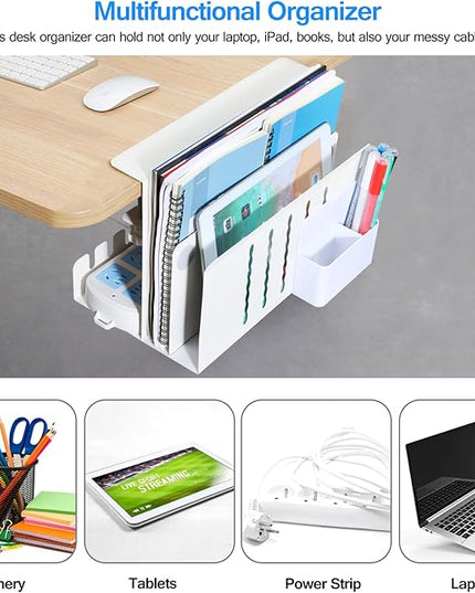 MAXECHO Desk Side Storage, Under Desk Laptop Mount, Table Side Hanging File Organizer, No Drill Clamp On Cable Management Tray, Laptop Holder with Magnetic Pen Holder for Office and Home, Load 22 Lbs