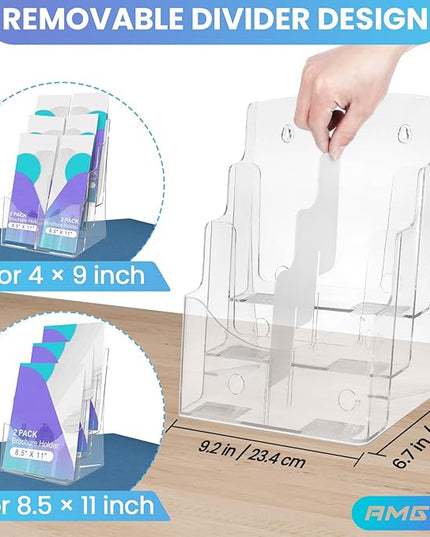 2 Pack 3 Tier Brochure Holder 8.5” x 11” - Acrylic Literature Holder with Removable Divider for 4” x 9” Brochure, Clear Flyer Holder Pamphlet Display Stand