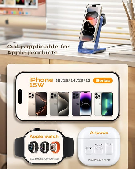 3 in 1 Charging Station for iPhone, Magsafe Wireless Charger with Cooling Fan for iPhone 17 16e 16 15 14 13 12 Series & Apple Watch Charger, Wireless Charging Station for AirPods 4/3/Pro (Blue)