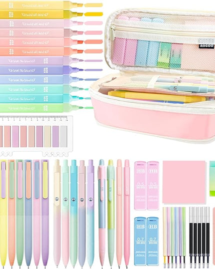 53PCS Aesthetic School Supplies with Large Pencil Case,12 Pastel Highlighters,5 Black & 6 Color Ink Gel Pens,2 Inspirational Stylus Ballpoint Pens,4 Mechanical Pencils 0.5-0.7mm Student Essentials