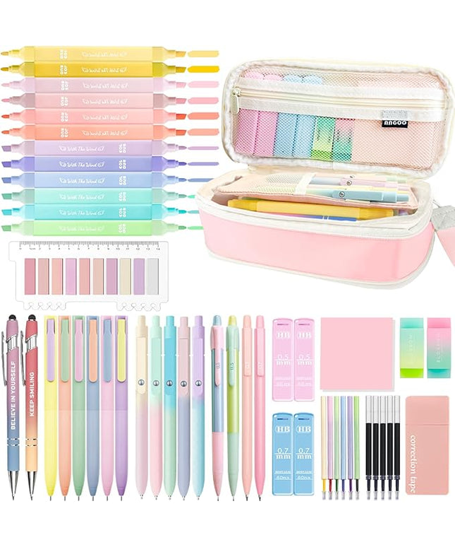 53PCS Aesthetic School Supplies with Large Pencil Case,12 Pastel Highlighters,5 Black & 6 Color Ink Gel Pens,2 Inspirational Stylus Ballpoint Pens,4 Mechanical Pencils 0.5-0.7mm Student Essentials