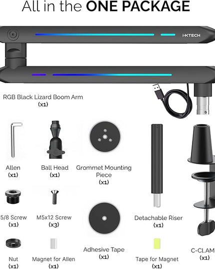 IXTECH RGB Low Profile Boom Arm for Mic, Adjustable Microphone Arm Stand with Desk Mount Clamp, Rotatable Microphone Boom Arm Mic Stand with Cable Management for Podcast Streaming Gaming Studio.