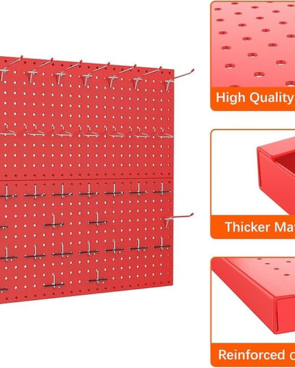TORACK Metal Pegboard Wall Organizer 24" x 24" or 12" x 48", 70 PCS Tool Storage Pegboard for Garage Tool Organizer Board with Pegboard Hooks for Workbench(Red)