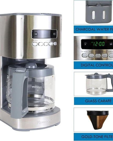 Kenmore Drip Coffee Maker - 12 Cup Programmable Cafe Machine With Glass Pot, Regular & Bold Brew, Auto Shut Off Large Water Reservoir, Reusable Filter, Kitchen Appliances For Cafeteria Barista