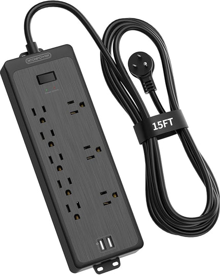 15 FT Long Extension Cord, NTONPOWER Power Strip Surge Protector with 8 Outlet(3 Widely Spaced) and 2 USB Ports, 1875W/15A, Wall Mount, Desktop Charging Station for Home, Office and Dorm Essential