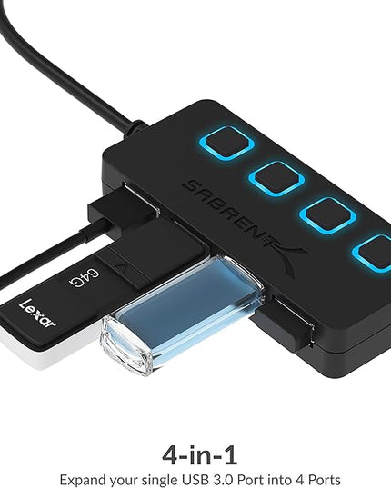 SABRENT 4-Port USB 3.0 Hub with Individual LED Power Switches - Slim, Portable Design - 2 Ft Cable - Fast Data Transfer - Compatible with Mac & PC (HB-UM43)