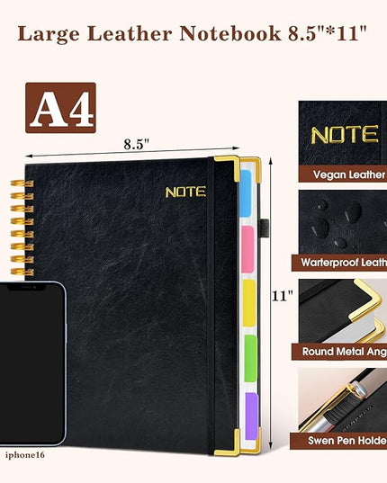 Hardcover Large Spiral Notebook 8.5" x 11" with Removable Dividers Tabs, 300 pages Leather 5 Subject Notebook College Ruled, A4 Journal for Women Men, Notebooks for Work School Note taking,Black