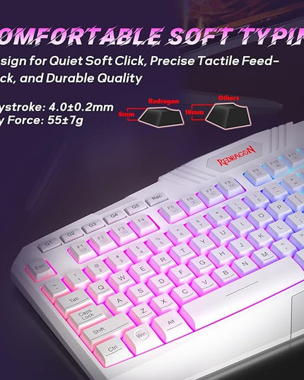 Redragon Updated Programmable Gaming Keyboard and Mouse, RGB Backlit Keyboard Mouse with Software, Independent Macro Record Keys, Value Combo Set, White - S101-3 PRO