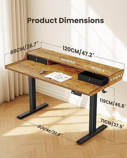 ErGear Electric Standing Desk with Drawers, 48″ x 24″ Gaming Table Compatible Monitor Stand, Stand up Desks, Home Office Height-Adjustable Desk with Storage Shelf, 4 Preset Heights, Vintage Brown