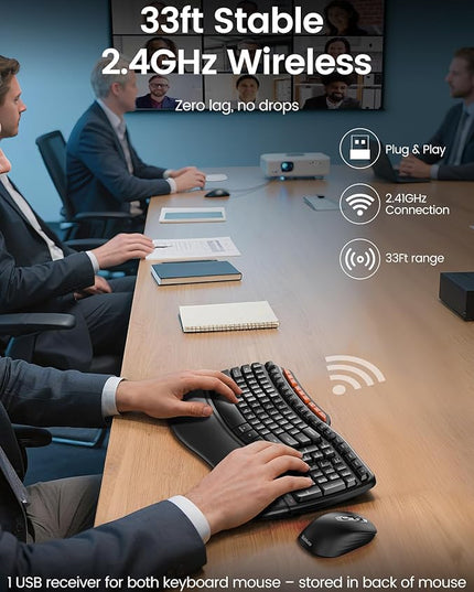 Ergonomic Wireless Keyboard and Mouse Combo, 2.4G Full Size Wave Key Board with Cushioned Palm Rest, Natural Typing, 3 DPI Adjustable Mouse, USB-A & C for Computer/Laptop/Mac/Tablet – Sablute