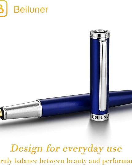 BEILUNER Luxury Fountain Pen Set,Solid 24K Gilded Fine Nib, Modern Classic Limited Edition -Includes 6 Ink Cartridges&Ink Refill Converter with Gift Case-Perfect for Men and Women（Charming blue）