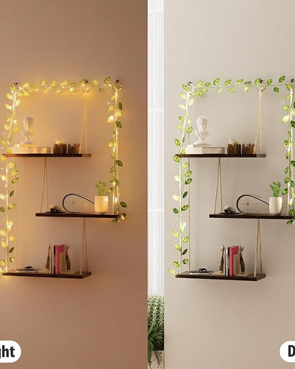 Hanging Shelves for Wall, 3 Tier Boho Wall Decor Hanging Shelf with Vine Lights, Rope Rustic Wood Floating Shelves Floral Plant Decor for Bedroom Living Room Dorm Office Women
