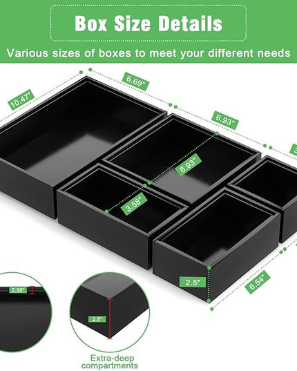 Black Bamboo Bathroom Drawer Organizer, Wooden Kitchen Utensil Holder Set of 5, Stackable Junk Drawer Organizer Tray, Multi-Use Storage Bins Boxs Dividers for Home, Office, Clothing, Makeup, Jewelry