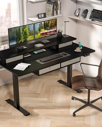 Kingant Standing Desk with Drawers & USB Charging Port, 63" x 30" Height Adjustable Home Office & Gaming Desk, Sit Stand Desk with Built-in Storage Shelf, Hook & Ergonomic Design(Classic Black)