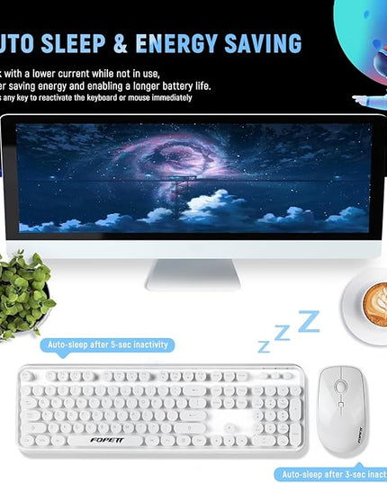 FOPETT Wireless Keyboard and Mouse Combo - 2.4G Full-Sized White Keyboard with Round Keycaps 104 Keys Typewriter Keyboard for Laptop/Windows/PC - White