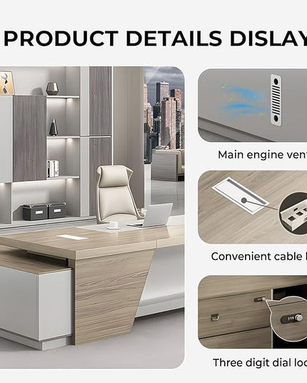 L-Shape Modern Executive Desk Dual Tone Finish, L-Shape Office Executive Desk Without Chair, Integrated Cable Management, Lockable Storage, Boss's Desk (Right Cabinet, 118.1"*30"*63")