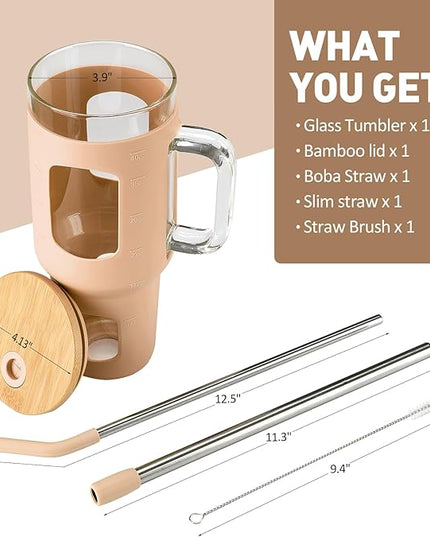 Glass Tumbler with Straw and Lid, 40 oz glass cup with handle, Glass Water Bottles with Time Marker, Silicone Protective Sleeve-Amber
