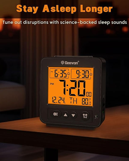 Geevon Smart Night Light Small Digital Alarm Clock with 2 Increasing Beep Alarm, Indoor Temperature, Battery Operated Travel Clock for Bedroom, Bedside, Desk(Black)