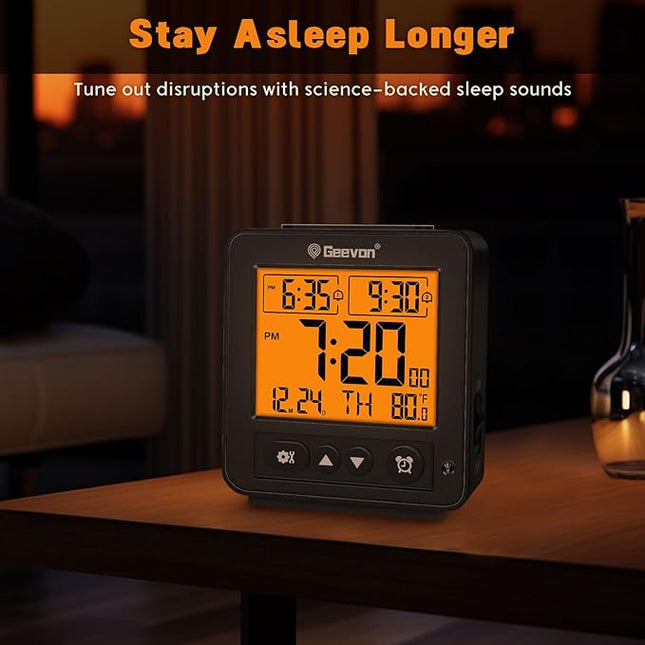 Geevon Smart Night Light Small Digital Alarm Clock with 2 Increasing Beep Alarm, Indoor Temperature, Battery Operated Travel Clock for Bedroom, Bedside, Desk(Black)
