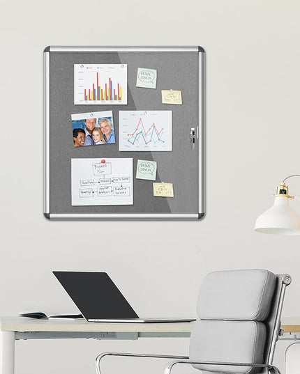 Mifuro 28"x26" Enclosed Bulletin Board, Lockable Weather-Resistant Aluminum Cork Noticeboard for School & Office, Silver Frame w/Grey Flet